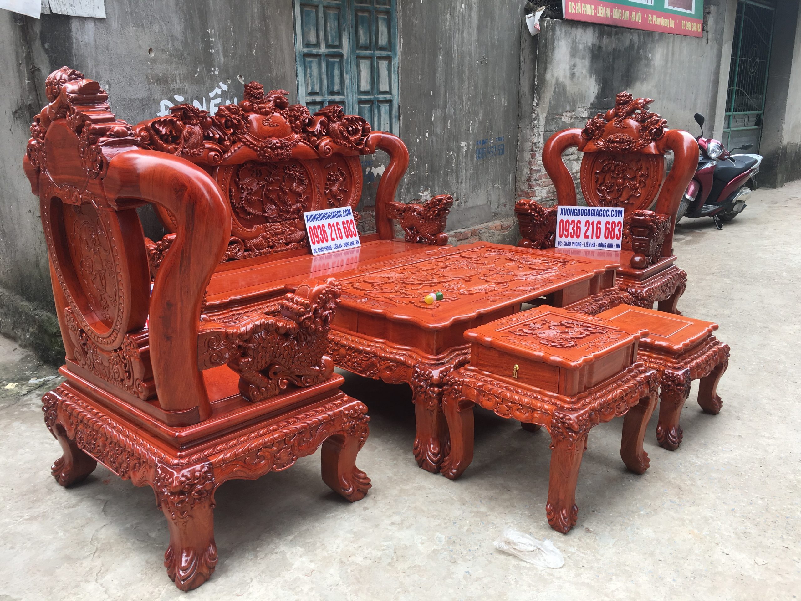 Bộ Minh Quốc Nghê Phượng tay cột 14 gỗ Hương đá 25