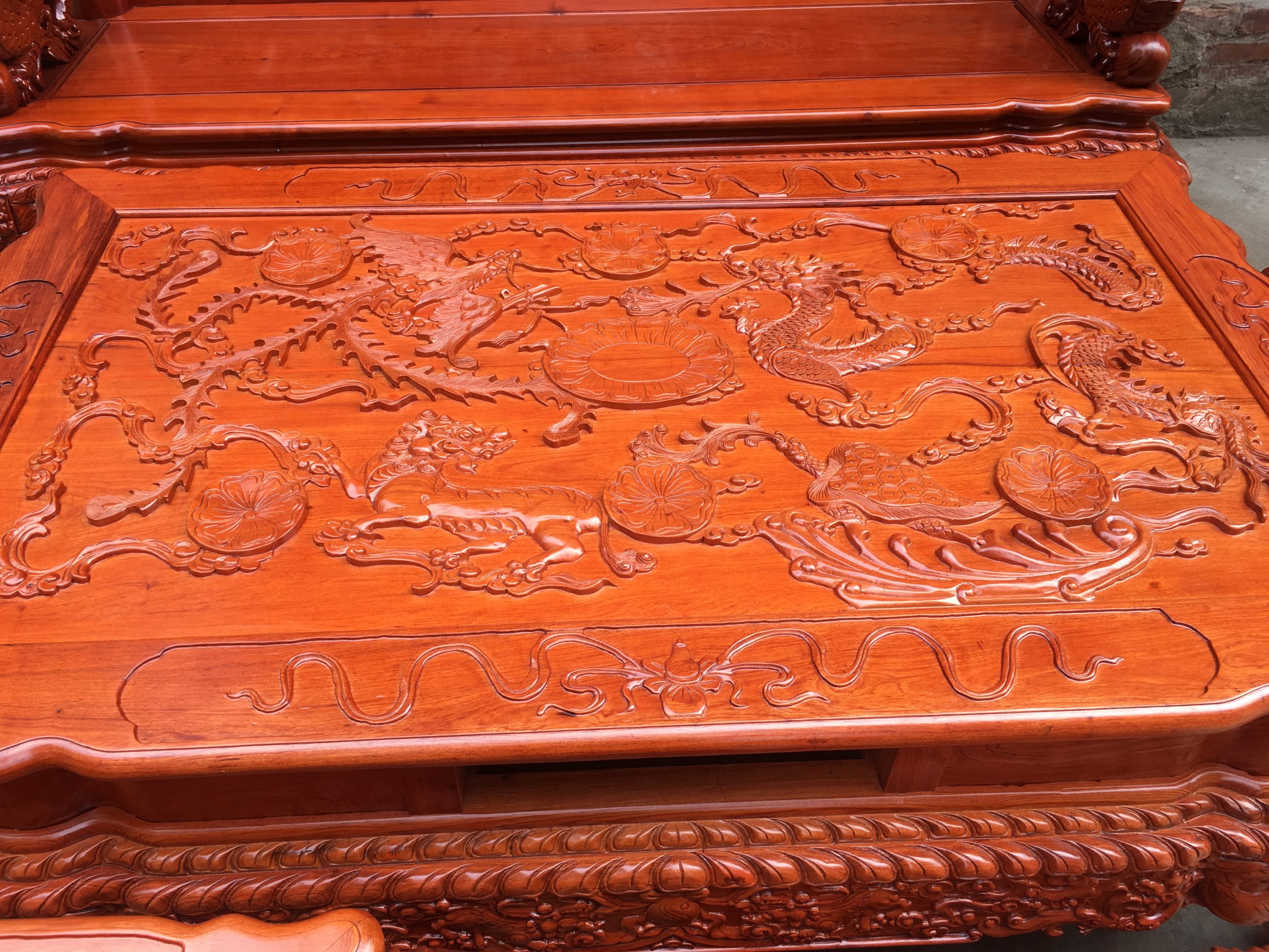 Bộ Minh Quốc Nghê Phượng tay cột 14 gỗ Hương đá 34