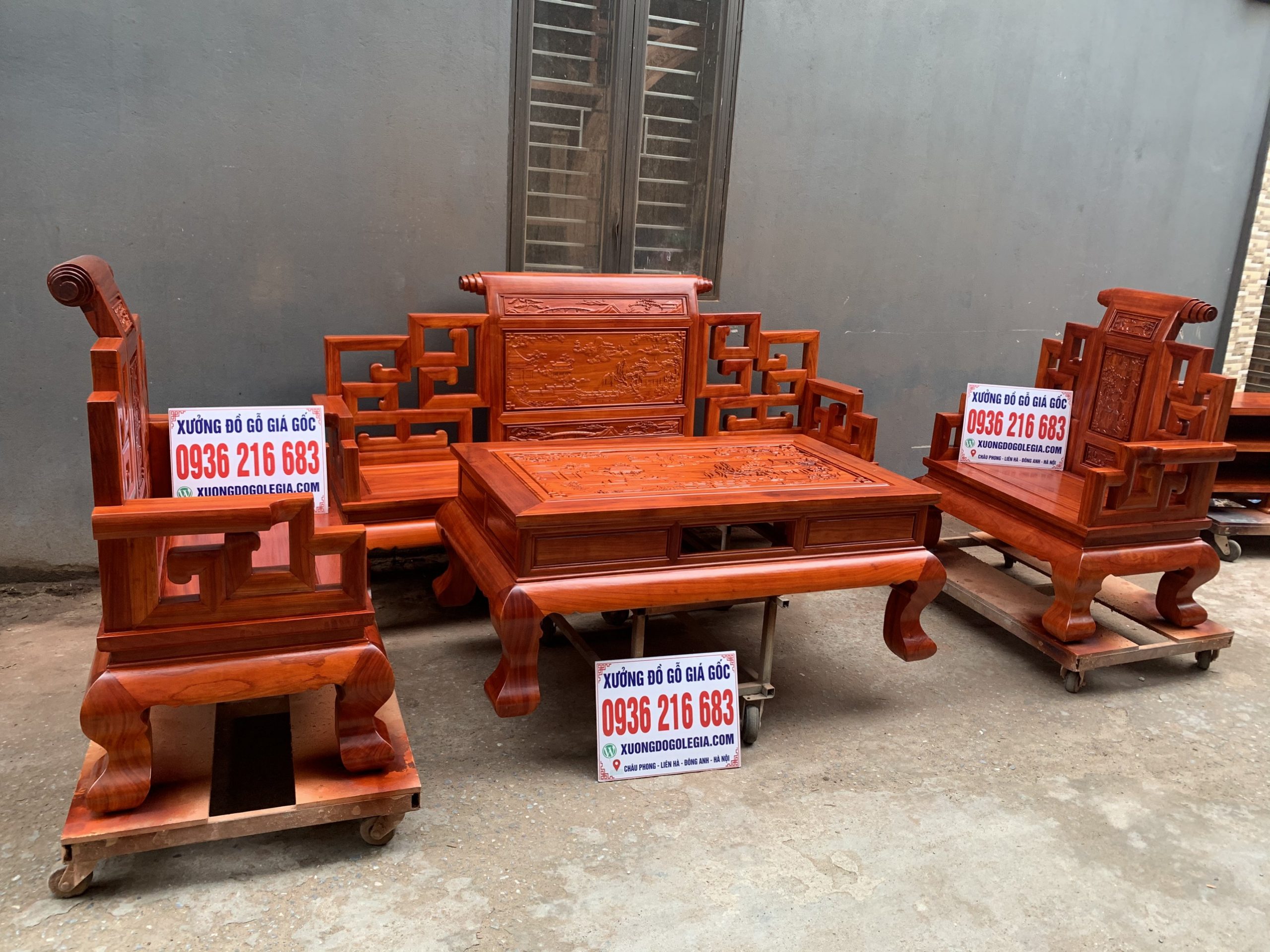 Bộ Sơn Thủy gỗ Hương đỏ 6 món chân 14 23