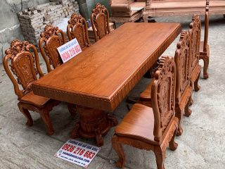 Bàn ăn nguyên khối 8 ghế Hoa Hồng đục 2 mặt gỗ gõ đỏ 9