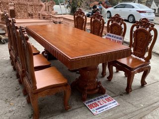 Bàn ăn nguyên khối 8 ghế Hoa Hồng đục 2 mặt gỗ gõ đỏ 10