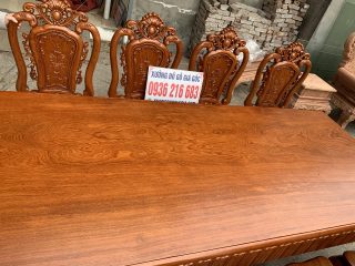 Bàn ăn nguyên khối 8 ghế Hoa Hồng đục 2 mặt gỗ gõ đỏ 11