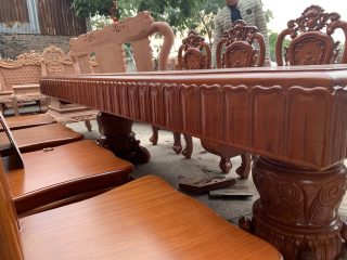 Bàn ăn nguyên khối 8 ghế Hoa Hồng đục 2 mặt gỗ gõ đỏ 14