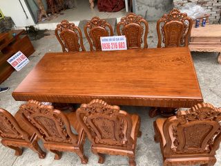Bàn ăn nguyên khối 8 ghế Hoa Hồng đục 2 mặt gỗ gõ đỏ 13