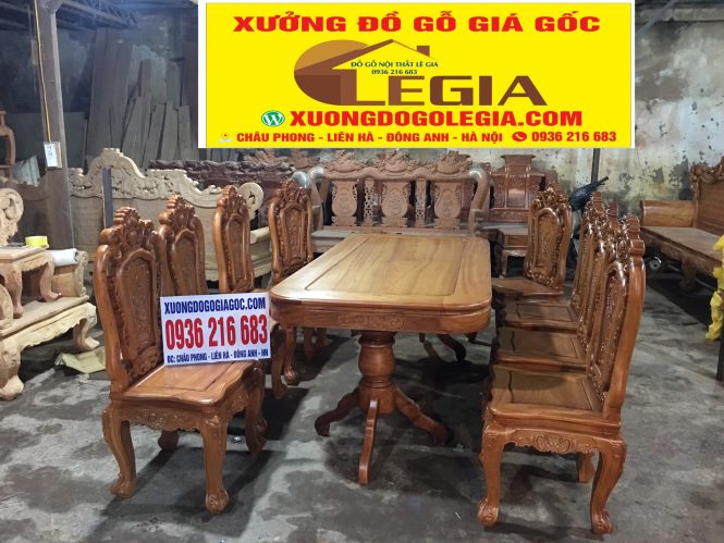 Bộ bàn ăn Hoa Hồng gỗ Gõ đục 2 mặt 1