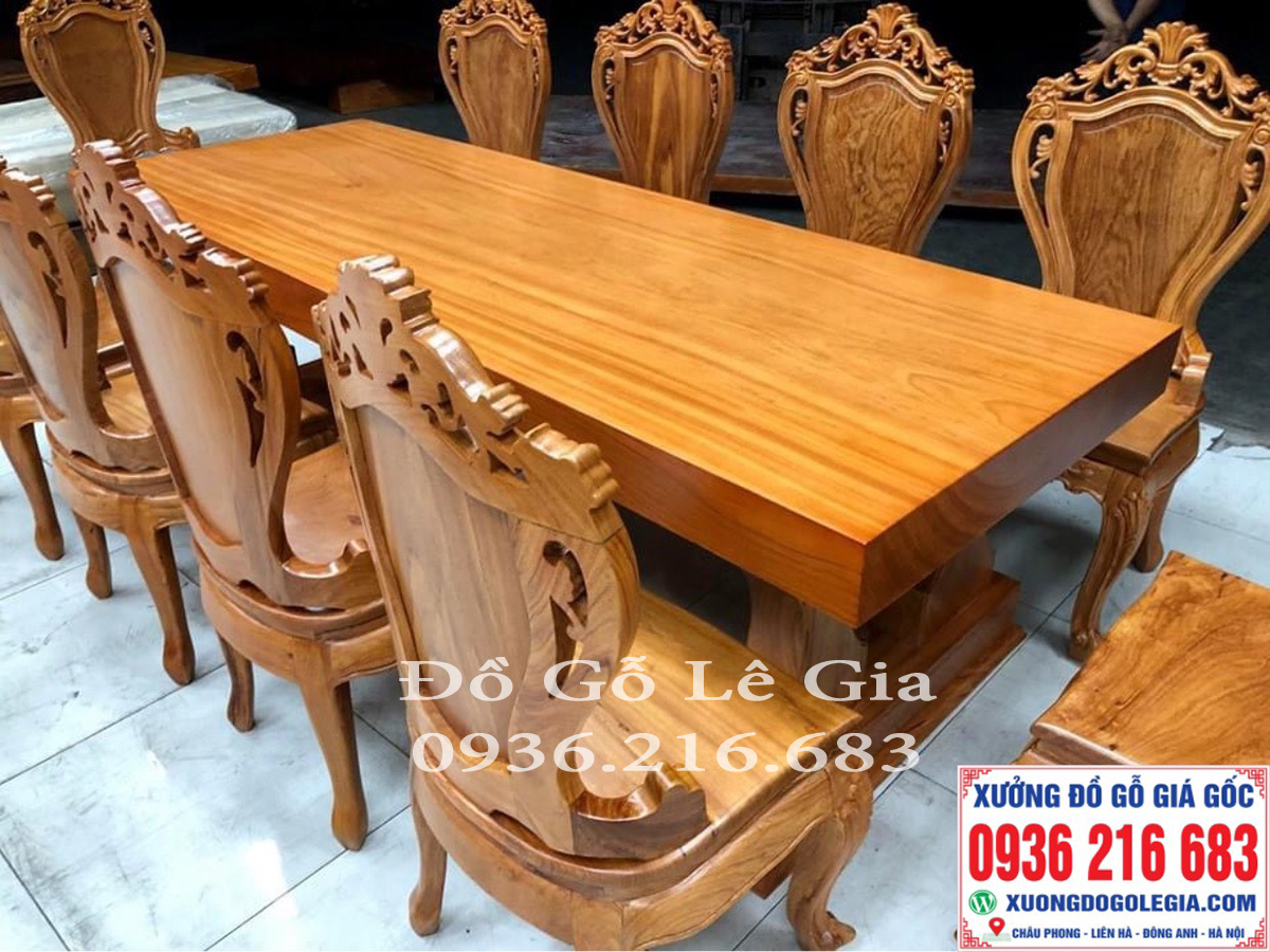 Bàn ăn 10 ghế + Bàn Nguyên khối gỗ Gõ đỏ 8