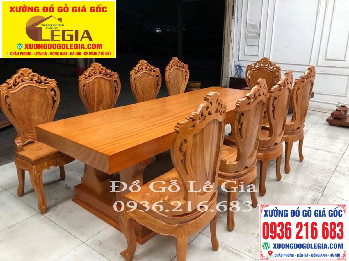 Bàn ăn 10 ghế + Bàn Nguyên khối gỗ Gõ đỏ 7