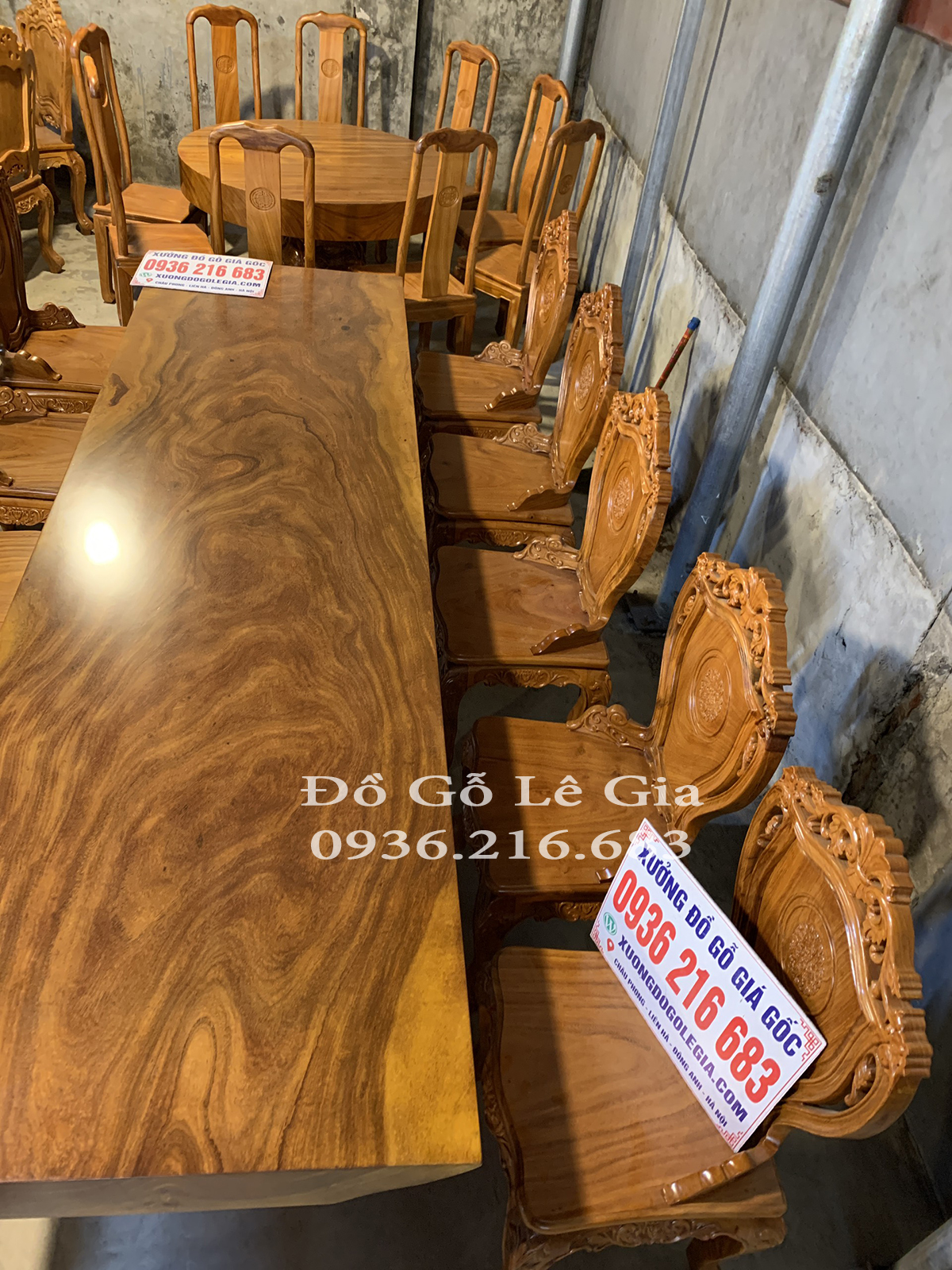 Bộ Bàn ăn nguyên khối bàn dài 280*15*100 ghế Hoàng Gia 12