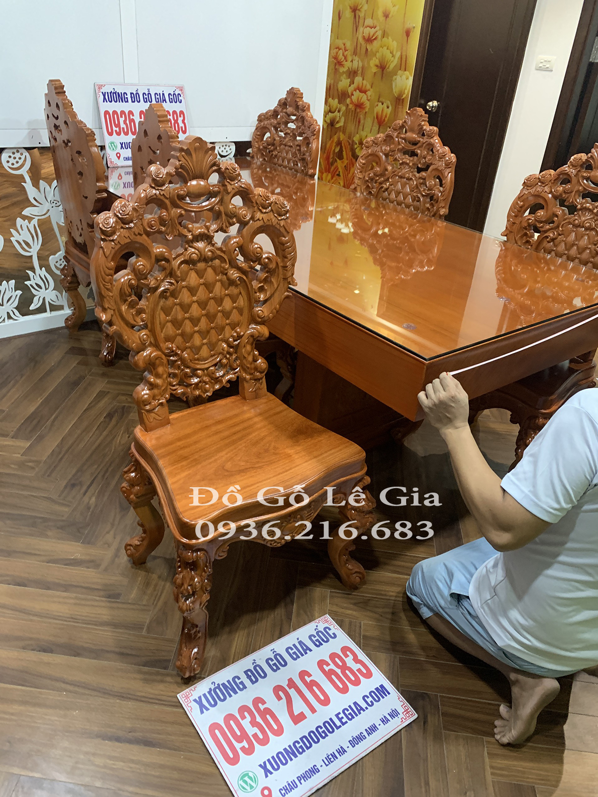 Bộ bàn ăn nguyên khối gỗ Gõ đỏ ( A Thịnh - Hà Nội) 14