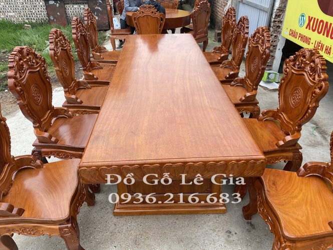 Bộ bàn ăn nguyên khối 10 nghế Louis 280cmx1m gỗ Gõ (A Hiếu - Hải Phòng) 1